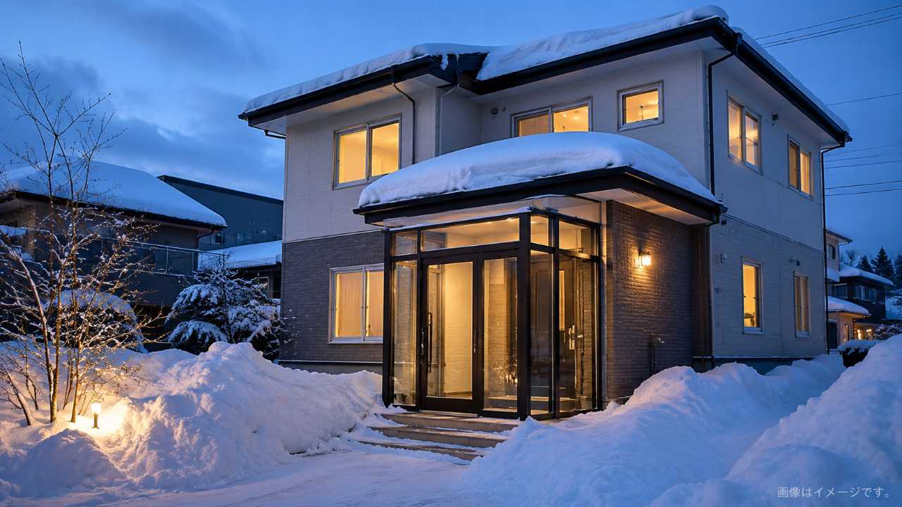 雪が積もる北海道の一戸建て住宅、玄関フード付きの二重玄関、暖かい室内の光が漏れる夕方の雰囲気