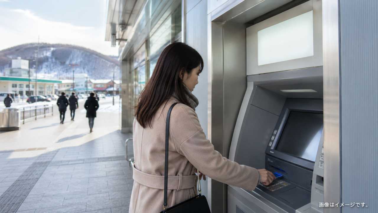 北海道のスーパーや駅近くにあるATMを利用する人物、銀行選びの比較を連想できる構図