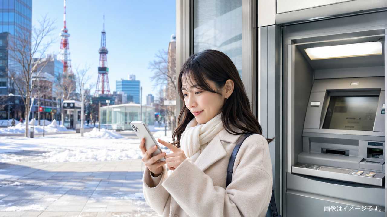 北海道の街並み、雪の残る札幌中心部、銀行ATM、スマートフォンで口座を確認する人物、明るく清潔な金融系ブログのアイキャッチ