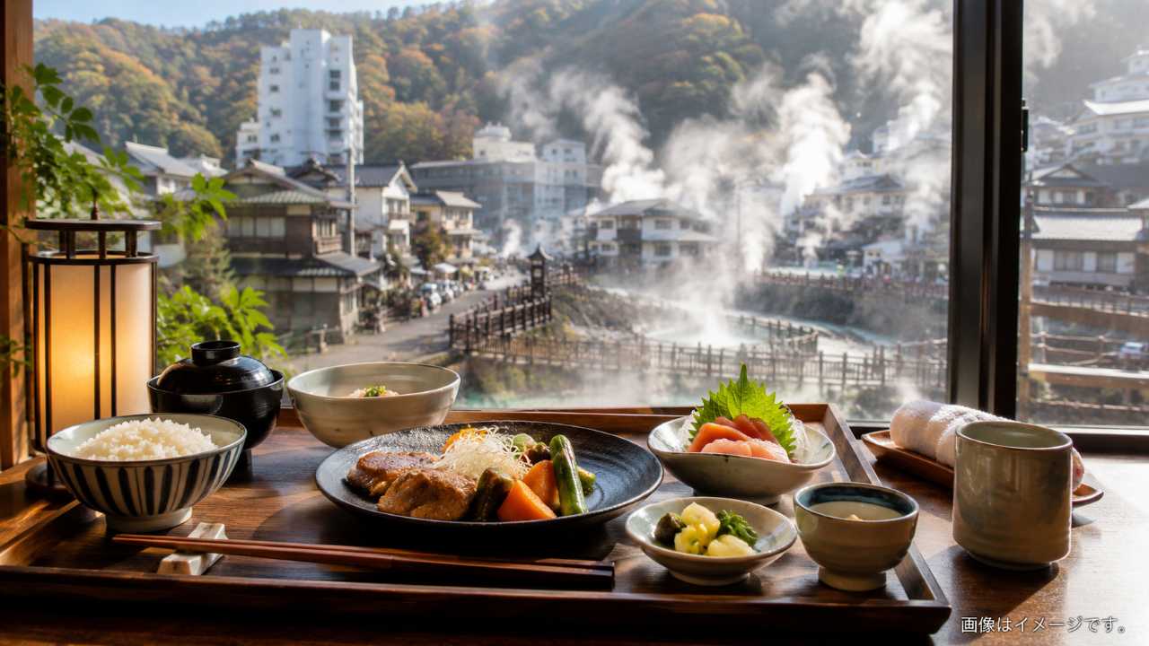 登別温泉の湯けむりが立ちのぼる温泉街を背景に、手前に上品な和食ランチと湯上がりの雰囲気を配置