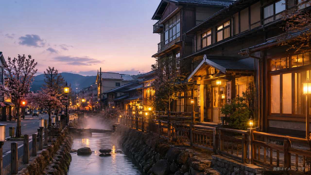 北海道長万部町の昔ながらの温泉街をイメージしたブログ用アイキャッチ