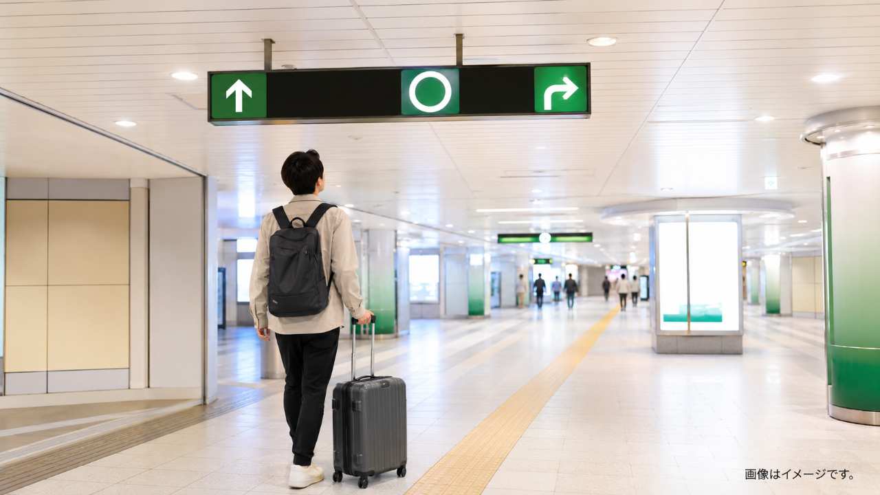 札幌駅の地下通路で、旅行者が地下鉄南北線さっぽろ駅の案内表示を見ながら歩いている写真風のブログ用アイキャッチ