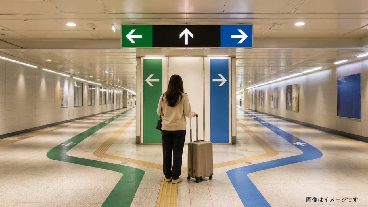 札幌駅地下街で南北線と東豊線の分岐を確認するシーン