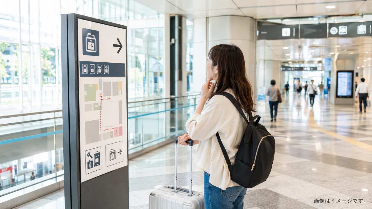 札幌駅の地下通路をイメージした空間で、旅行者がコインロッカーの場所を探している実写風写真