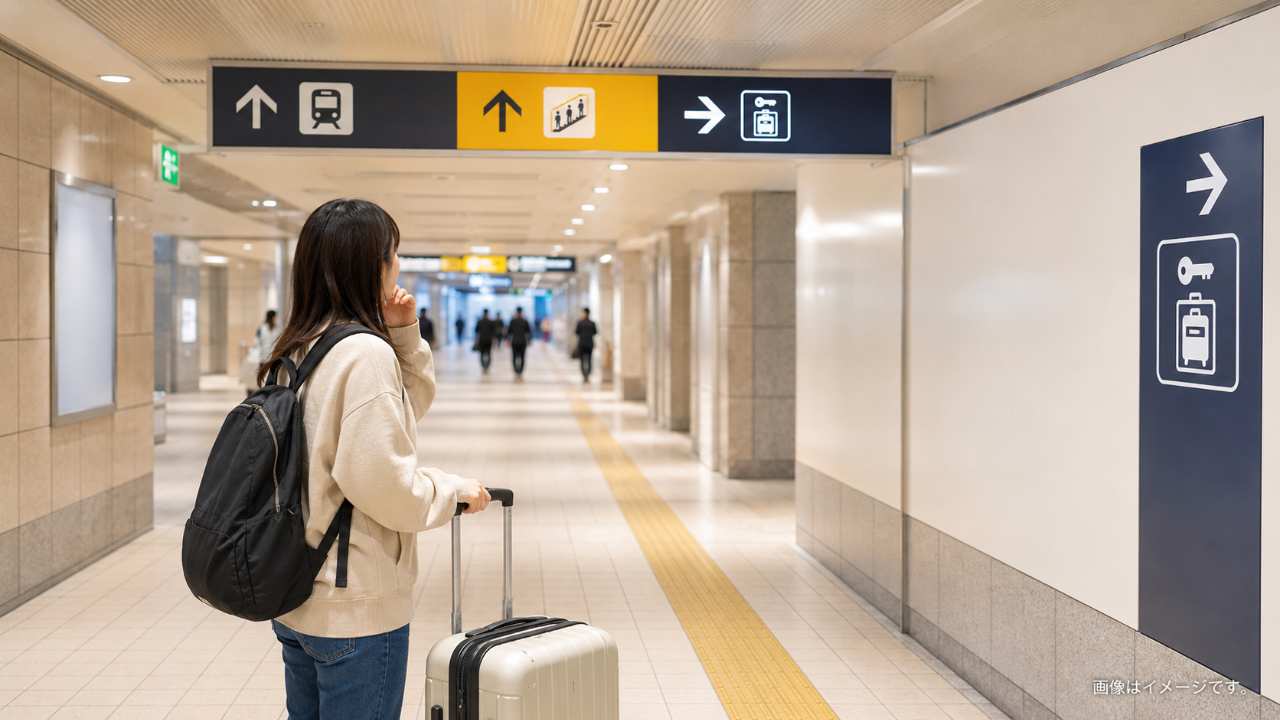 札幌駅の明るい駅構内を背景に、スーツケースを持った旅行者がコインロッカー案内を確認している実写風