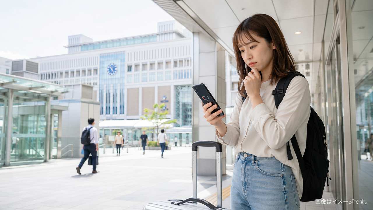 札幌駅の駅舎や駅直結商業施設を背景に、スマホの充電残量が少なくなった旅行者が落ち着いて充電場所を探している