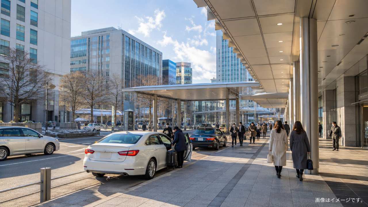 駅前の都市的な風景、送迎の車、歩行者、冬でも使える落ち着いた雰囲気