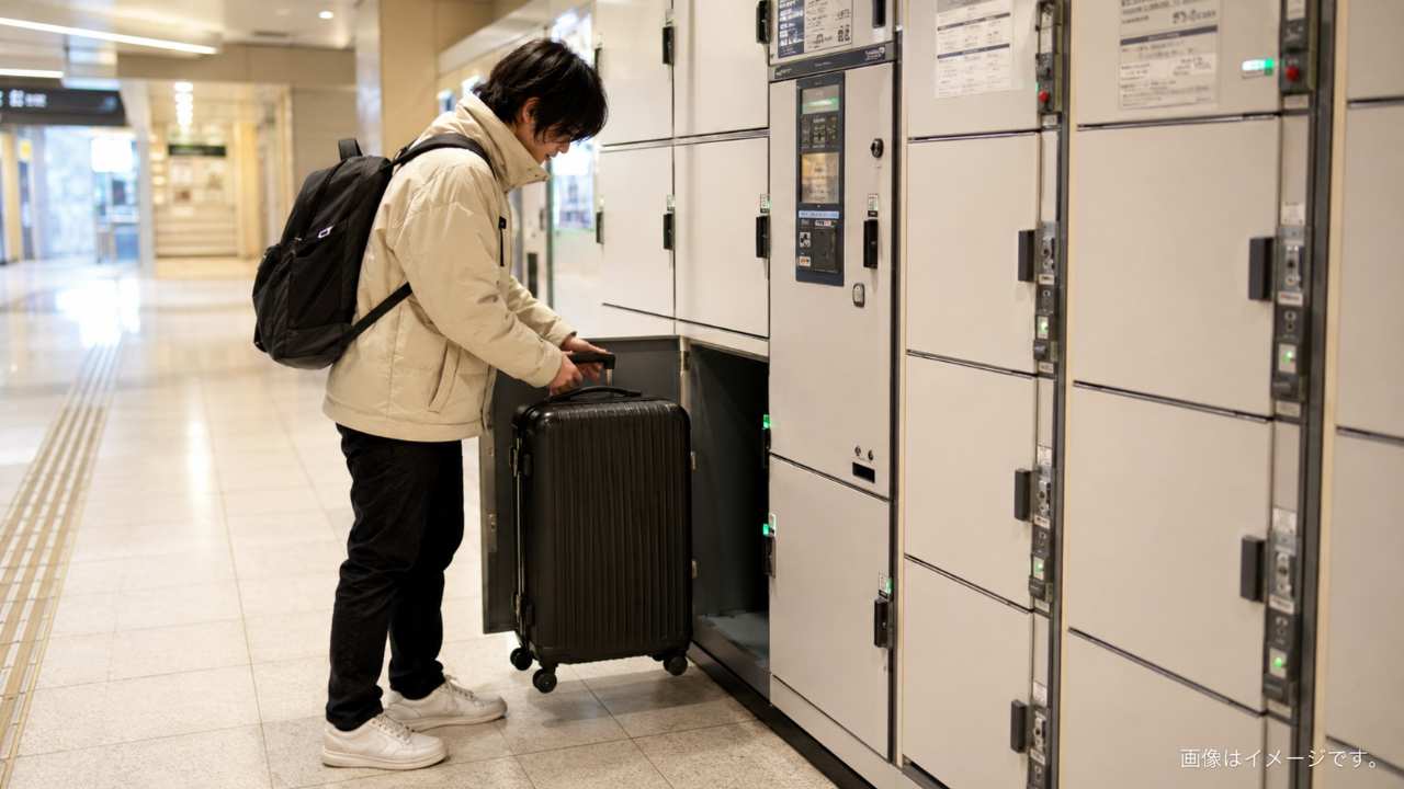 札幌駅構内のコインロッカー前でスーツケースのサイズを確認している旅行者