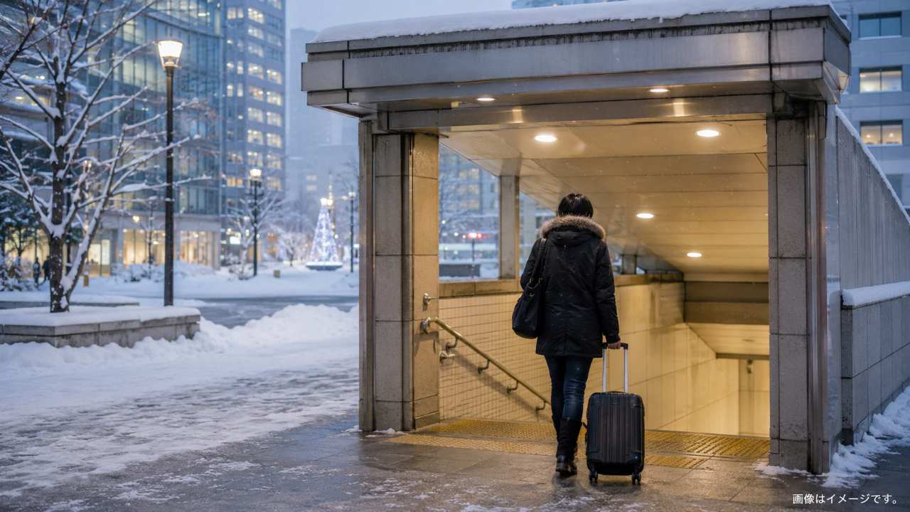 雪の日の札幌中心部で地下歩行空間へ入る旅行者