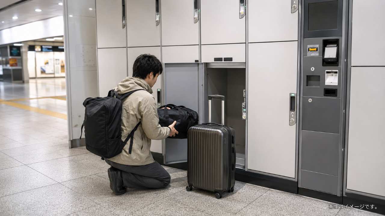 駅構内のコインロッカー前で、旅行バッグとスーツケースを整理している旅行者の実写風写真