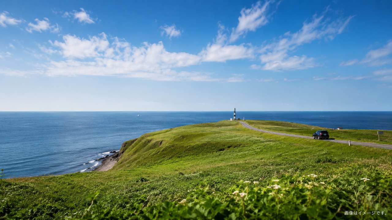 宗谷岬を思わせる最北端の岬と海、旅人の車を遠景に入れた写真風画像