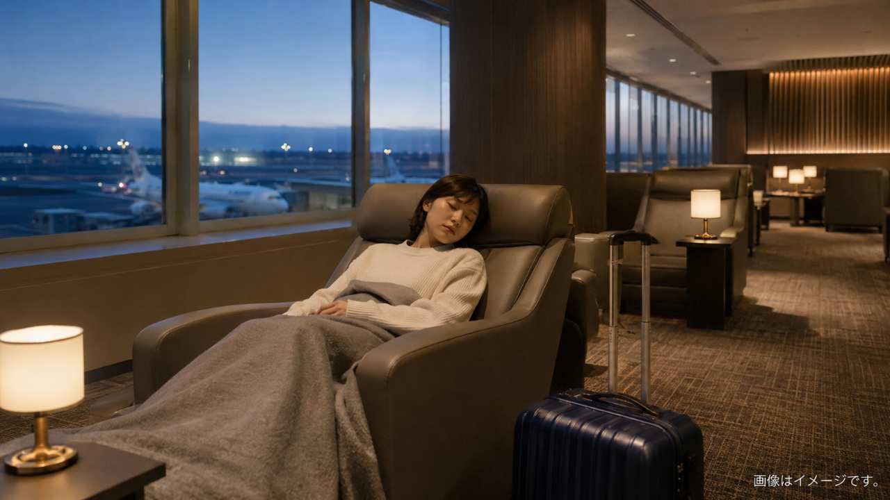 新千歳空港内の休憩スペースをイメージした落ち着いたラウンジ、早朝便前に仮眠する旅行者