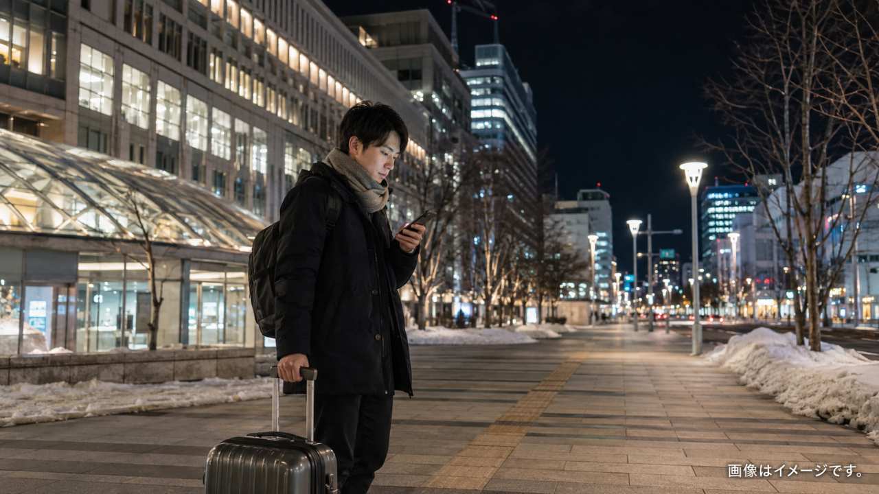 札幌駅周辺の夜、スーツケースを持った旅行者がスマートフォンで仮眠できる場所を探している