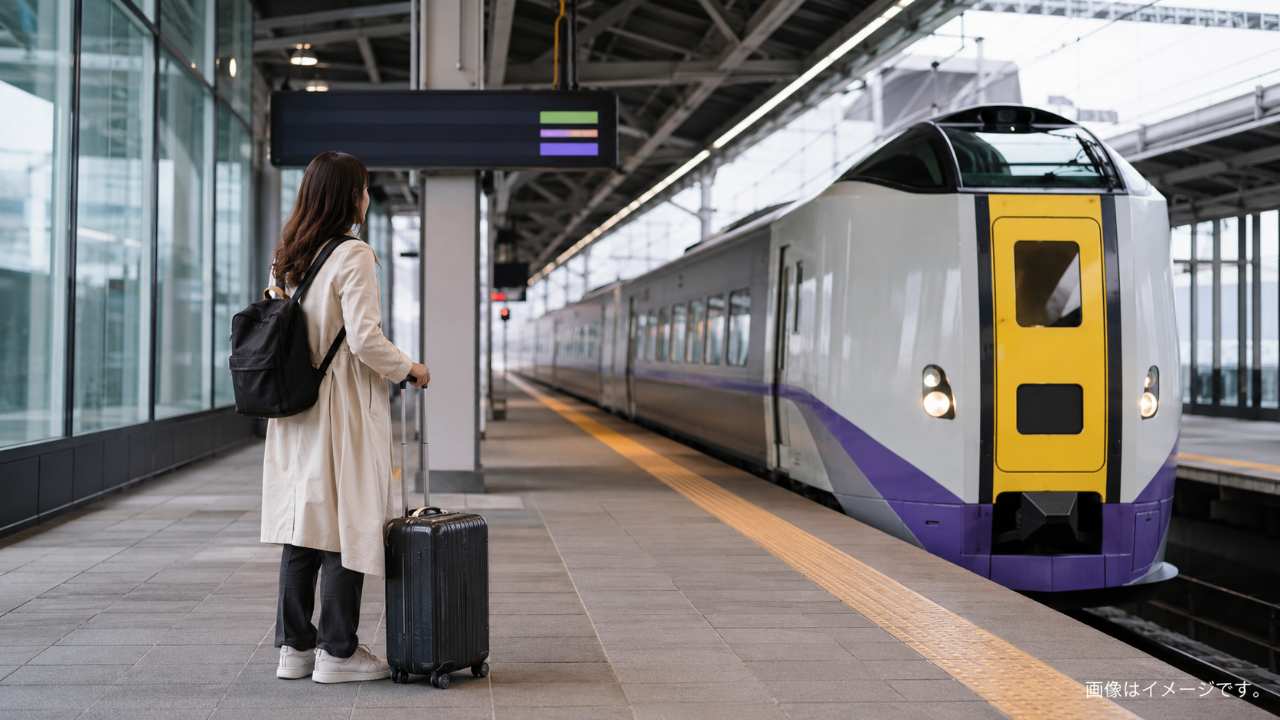 新函館北斗駅のホームで旅行者が札幌行きの特急を待っている実写風イメージ