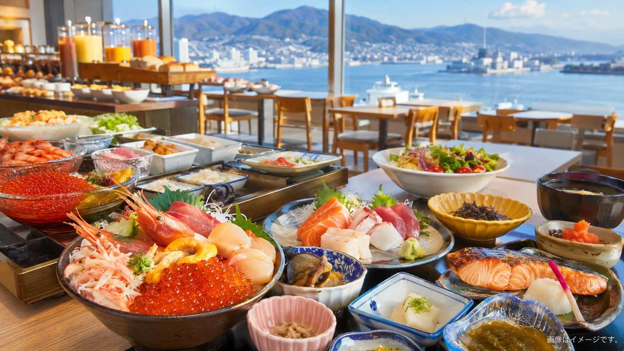 函館のホテル朝食バイキングをテーマにした実写風ブログ用アイキャッチ。明るい朝のホテルレストラン、海鮮丼、いくら、刺身、焼き魚