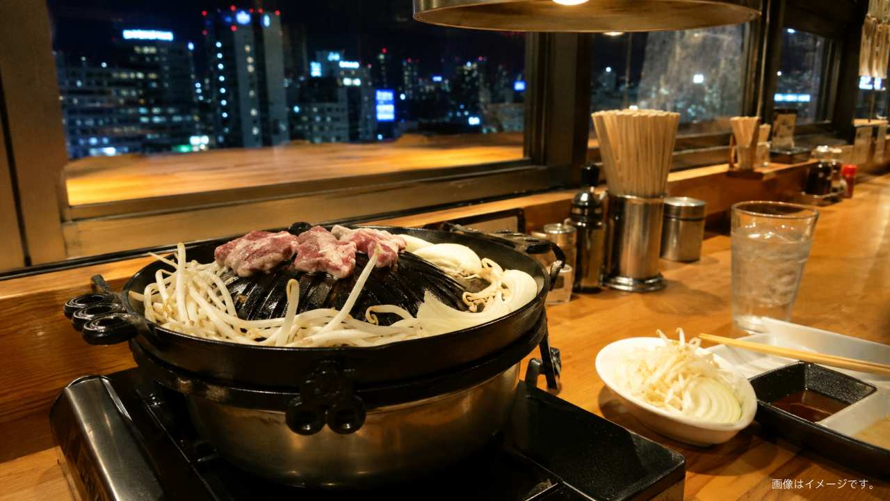 札幌駅近くの落ち着いた飲食店カウンターで、一人分のジンギスカン鍋が用意されている写真風画像