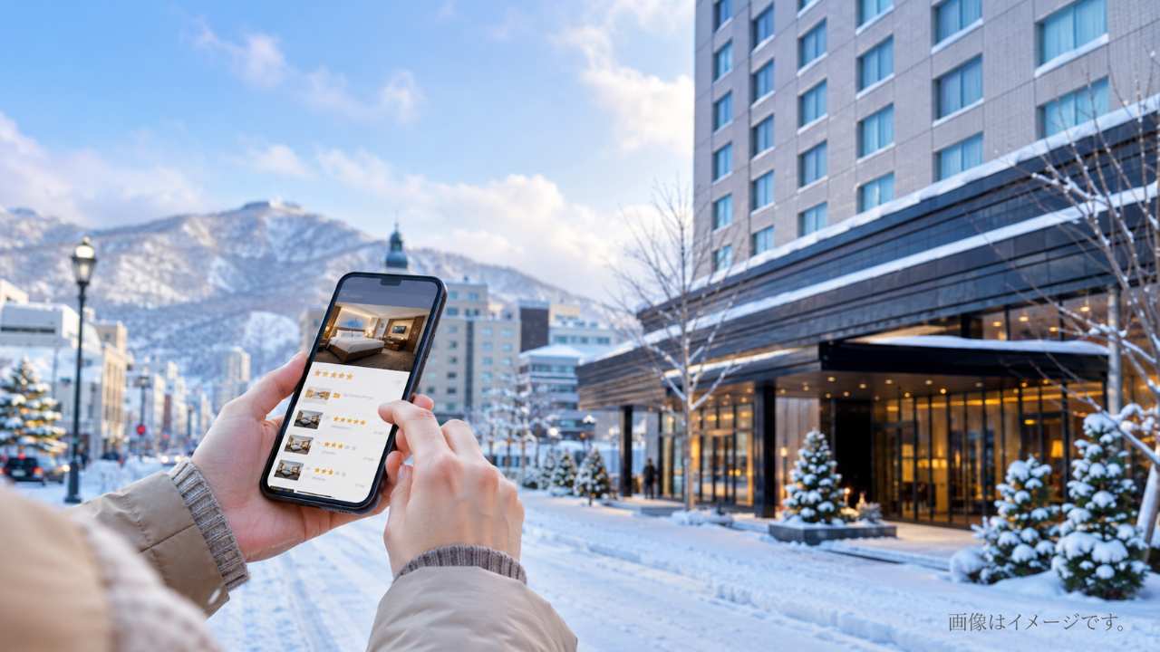 雪景色の北海道の街並み、ホテル外観、スマートフォンで口コミを確認する旅行者