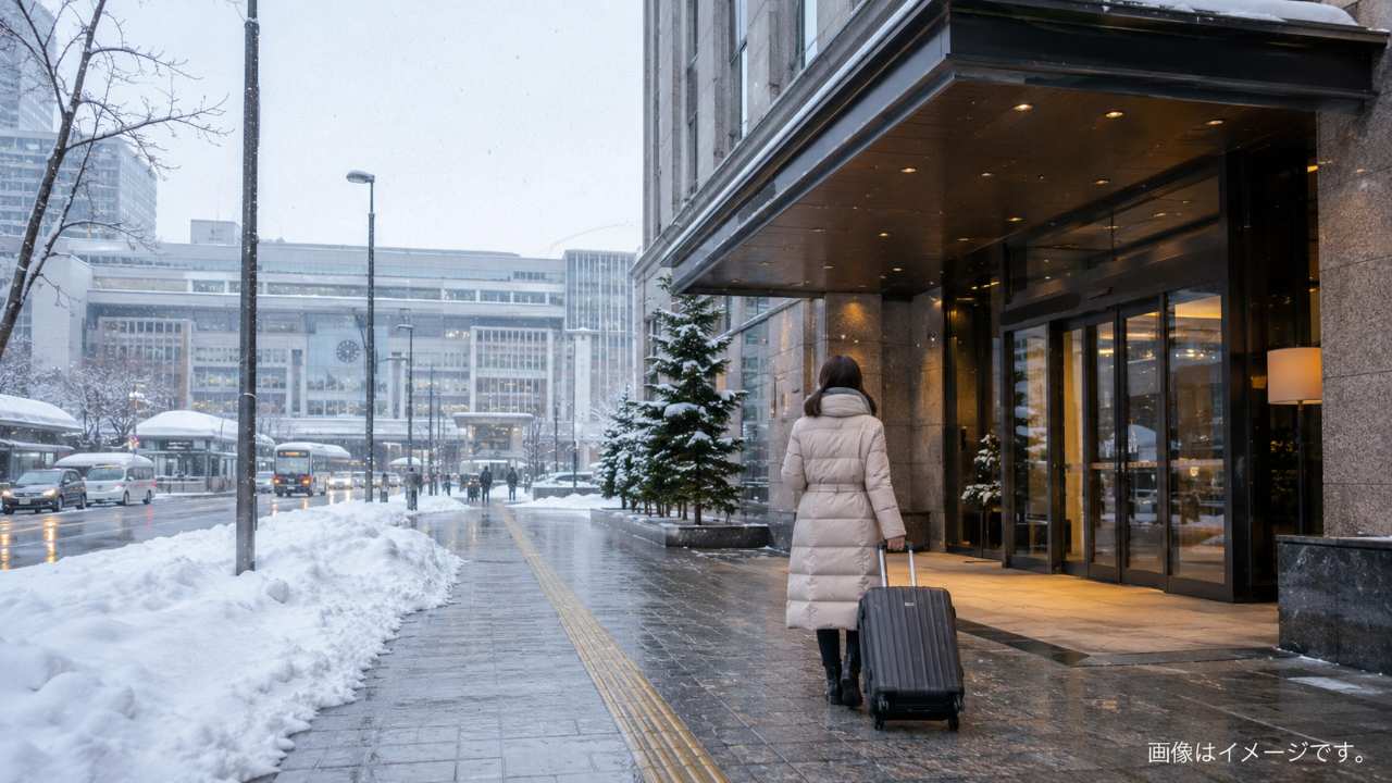 冬の札幌の雪道とホテル入口を写した実写風ブログ画像