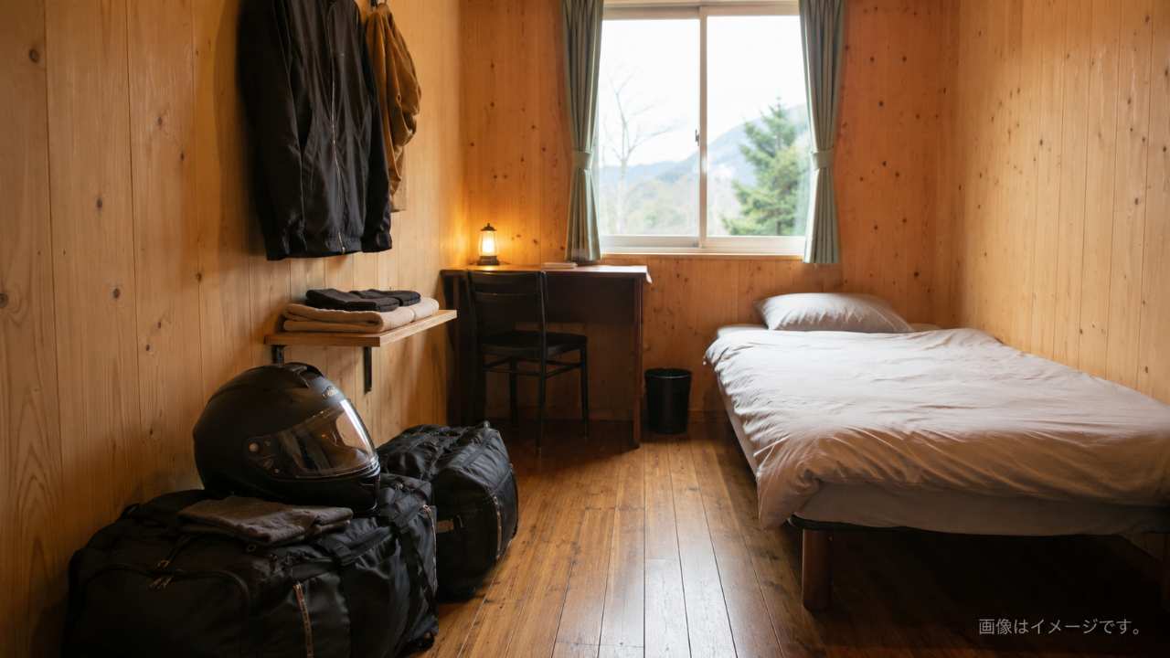 北海道のライダーハウス個室をイメージした、シンプルな木造の小部屋にヘルメットとツーリングバッグが置かれている写真
