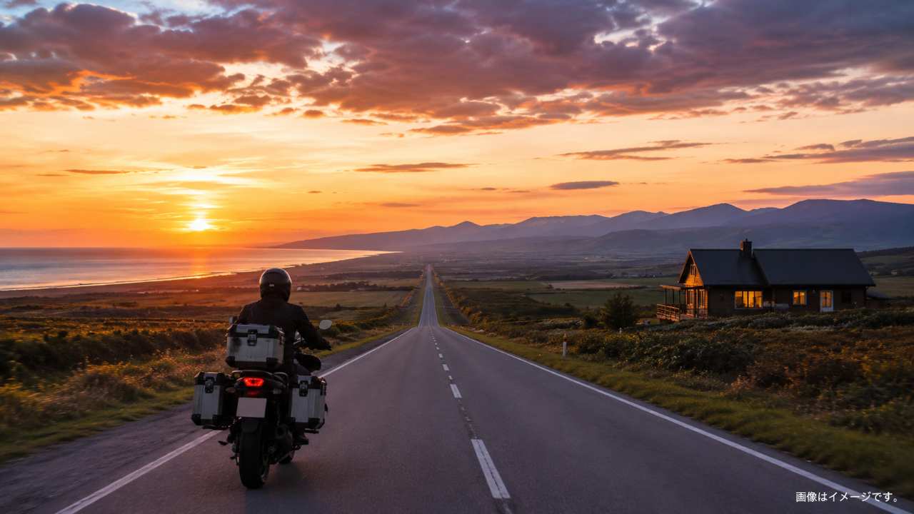 北海道の広大な直線道路をツーリングするバイクと、夕暮れの空、遠くに小さなライダーハウス風の宿が見える写真