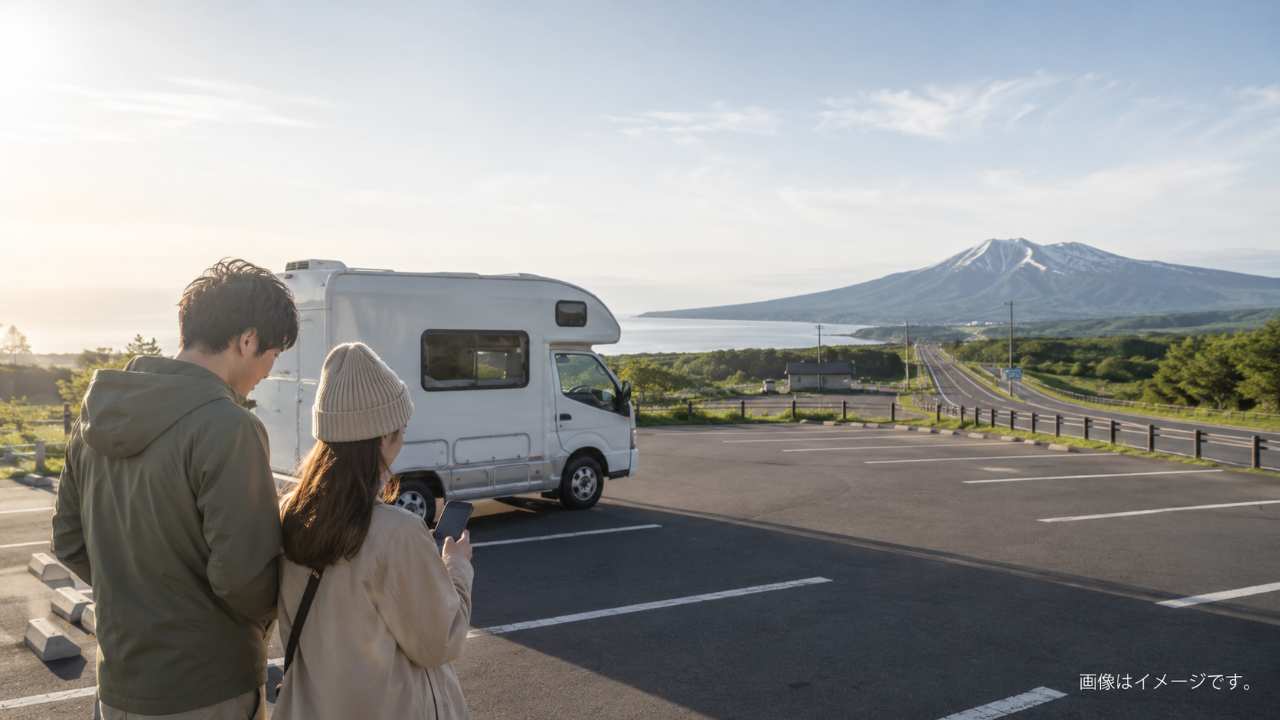 北海道の広い道路沿いにある道の駅の駐車場を背景に、キャンピングカーと旅行者