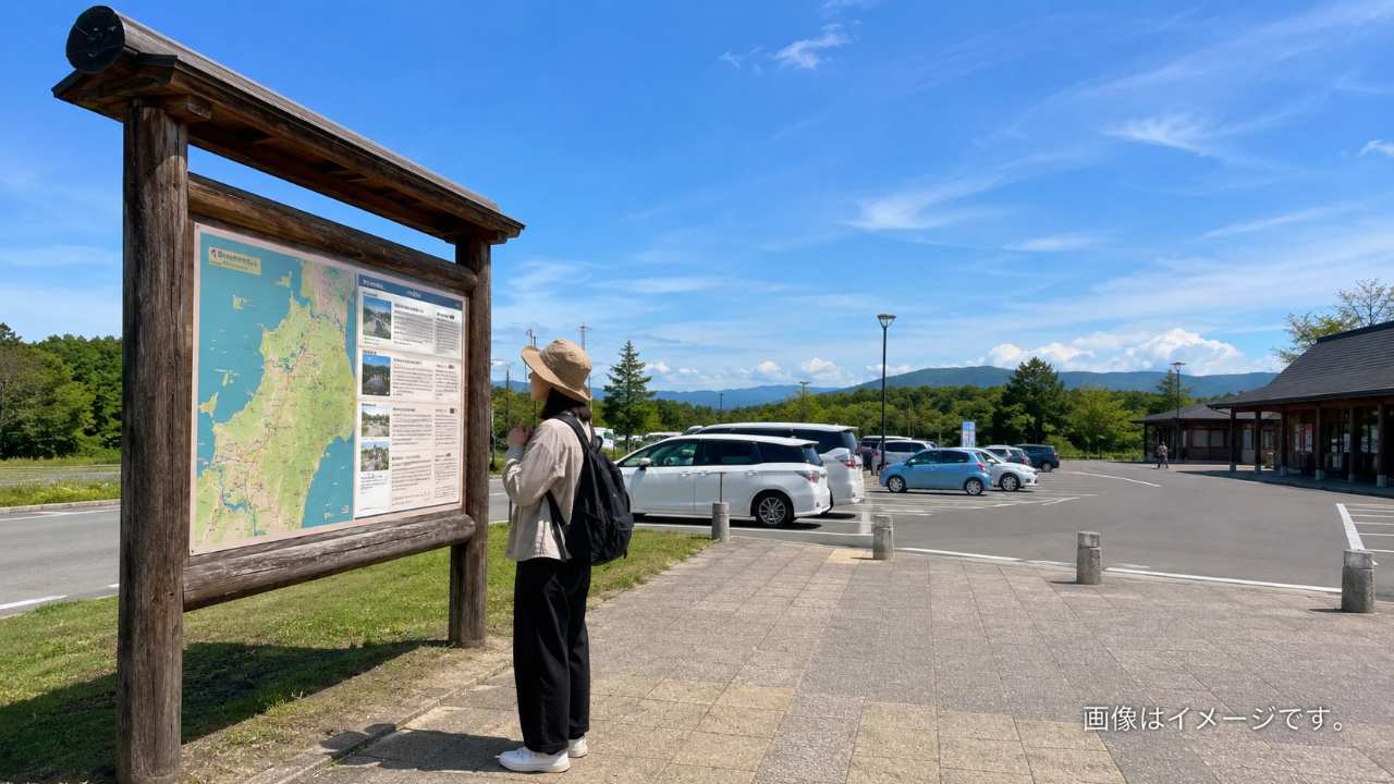 北海道の道の駅の案内板と駐車場を写した実写風イメージ。