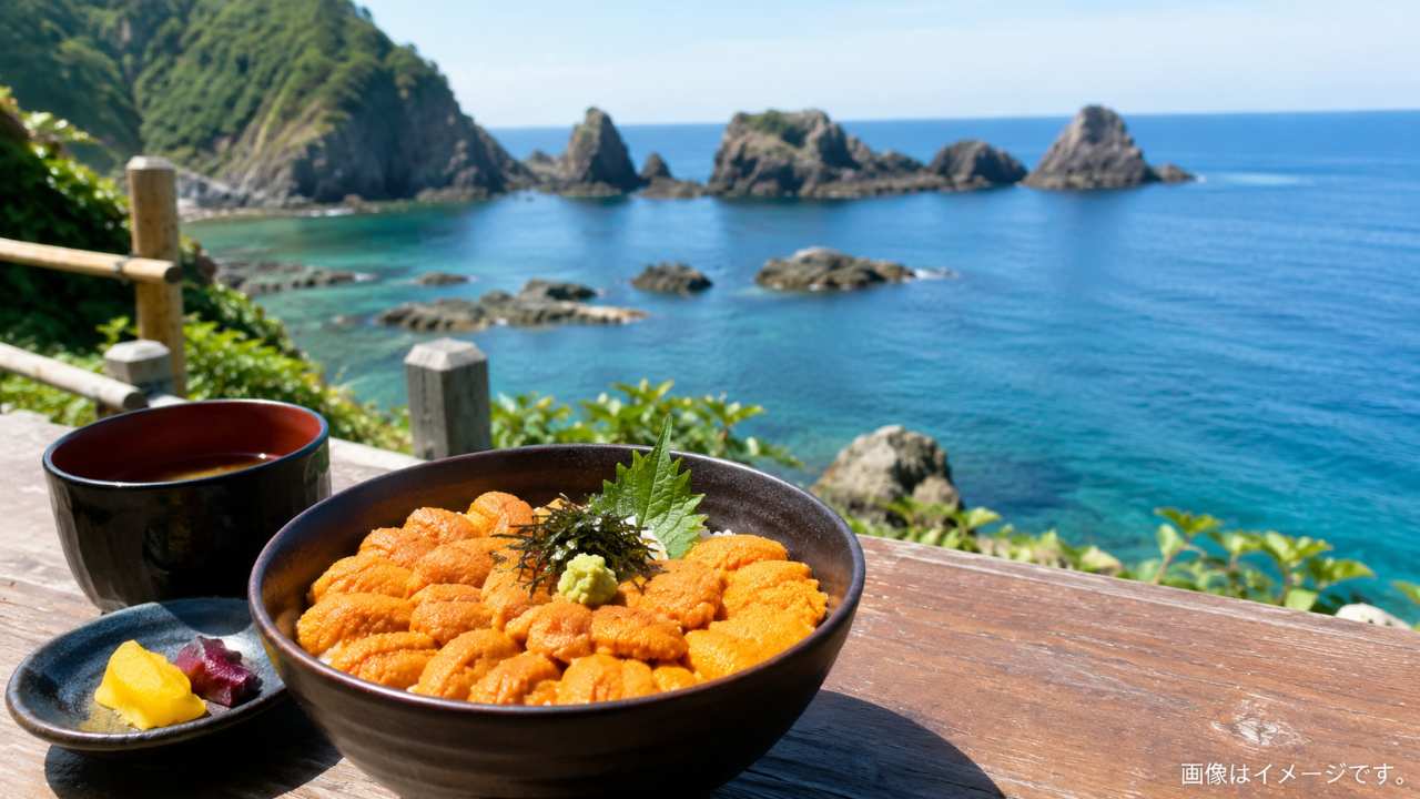 北海道積丹の青い海を背景に、木のテーブルに新鮮なウニ丼が置かれている実写風写真