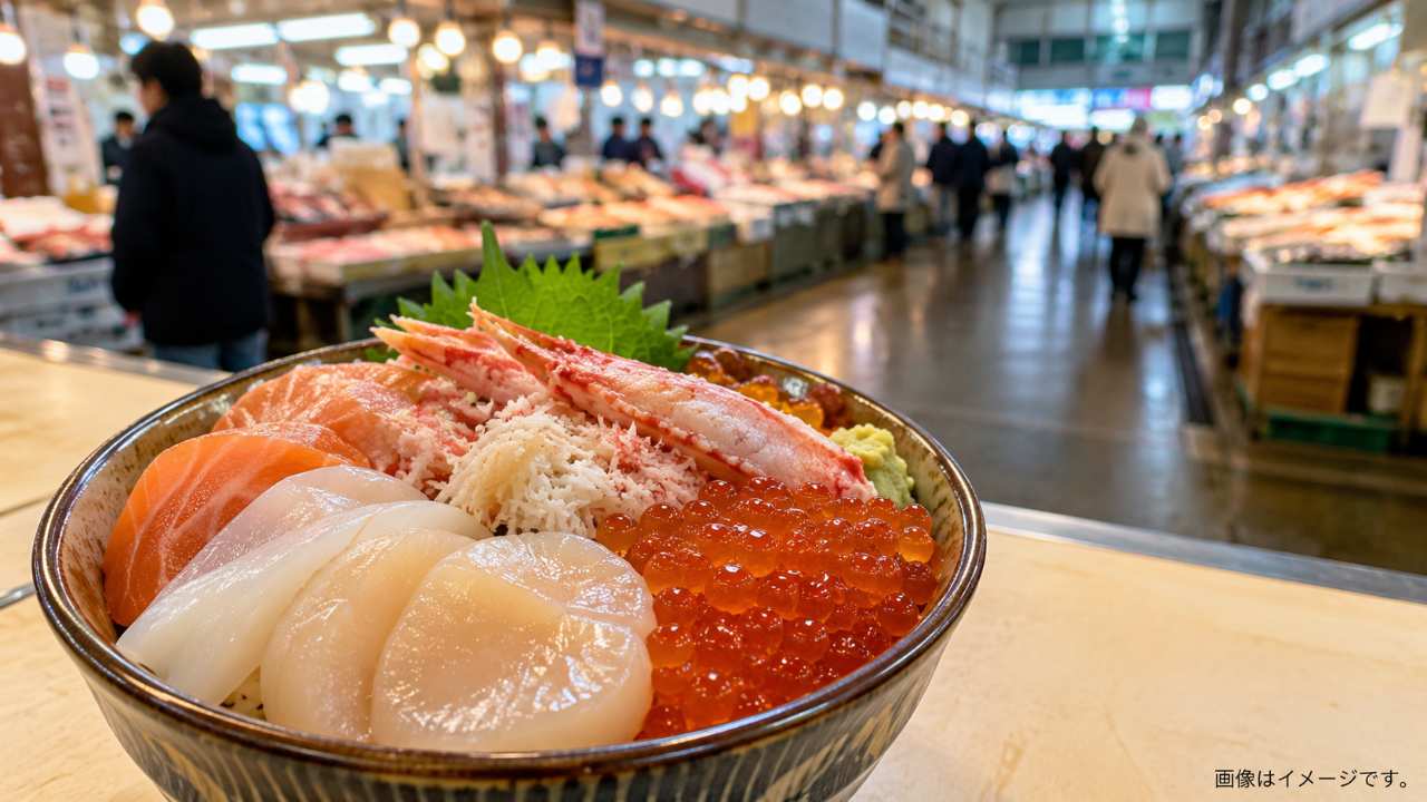 釧路の和商市場をイメージした明るい屋内市場で、新鮮な魚介をのせた勝手丼