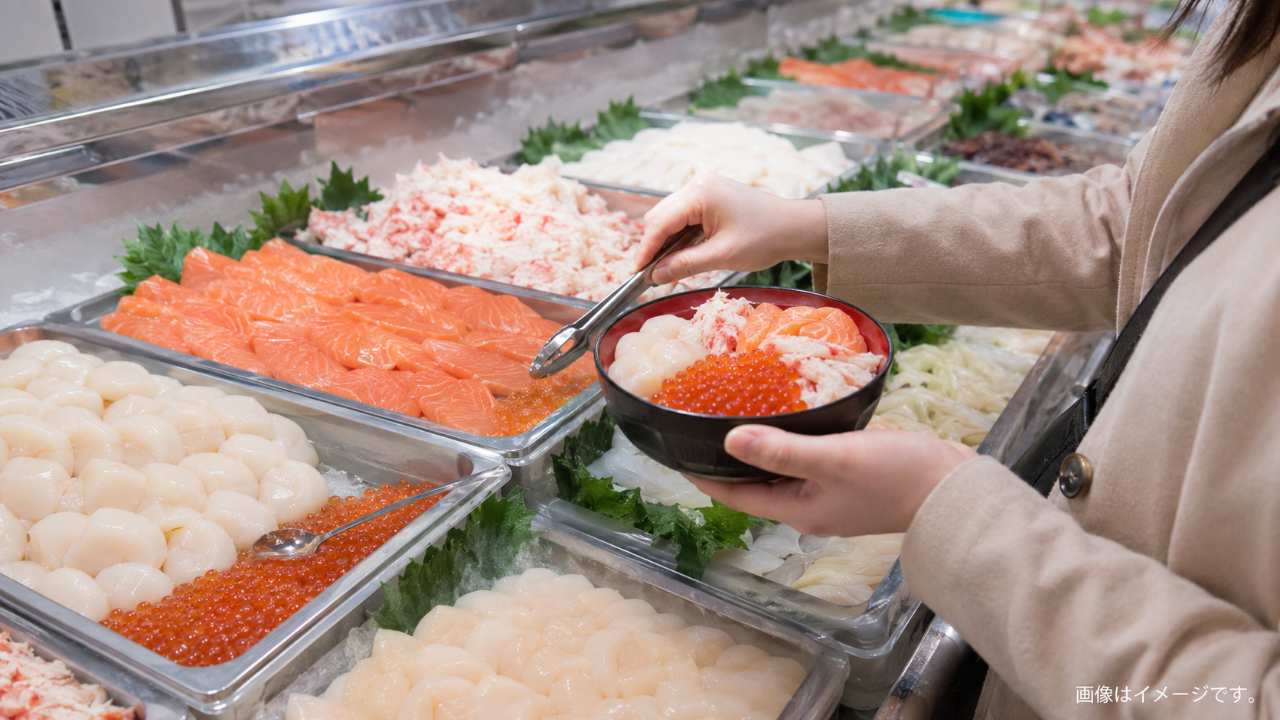 市場の鮮魚売り場で、イクラ、ホタテ、サーモン、イカ、カニなどのネタを選んでいる様子