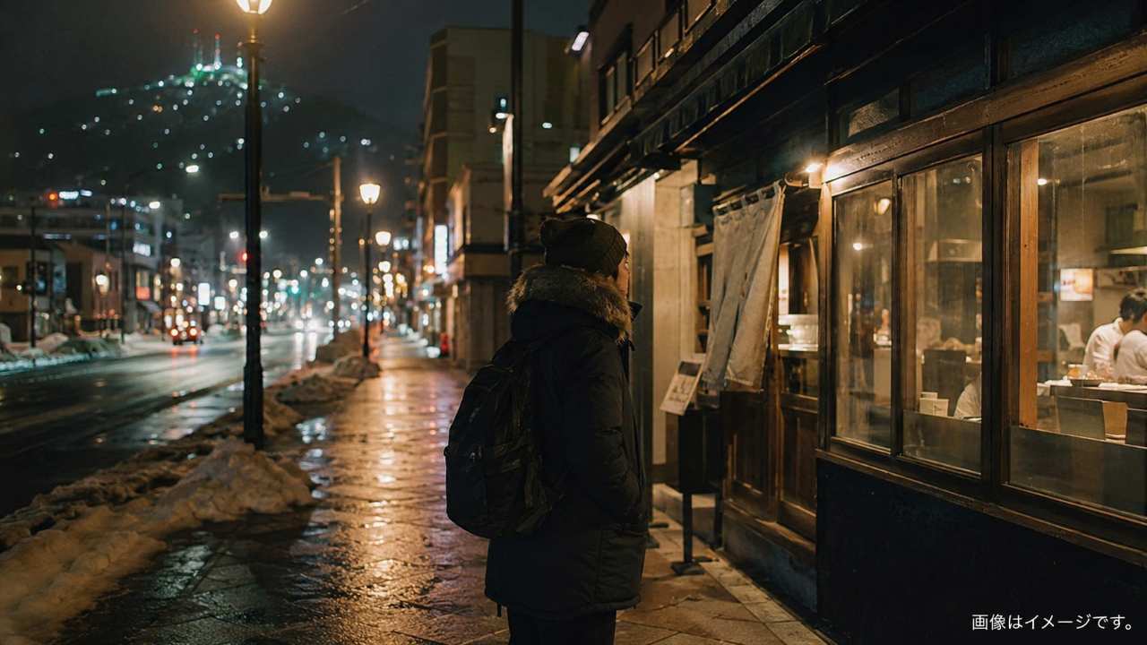 函館の夜の街並みを背景に、深夜でも利用できる飲食店を探す旅行者