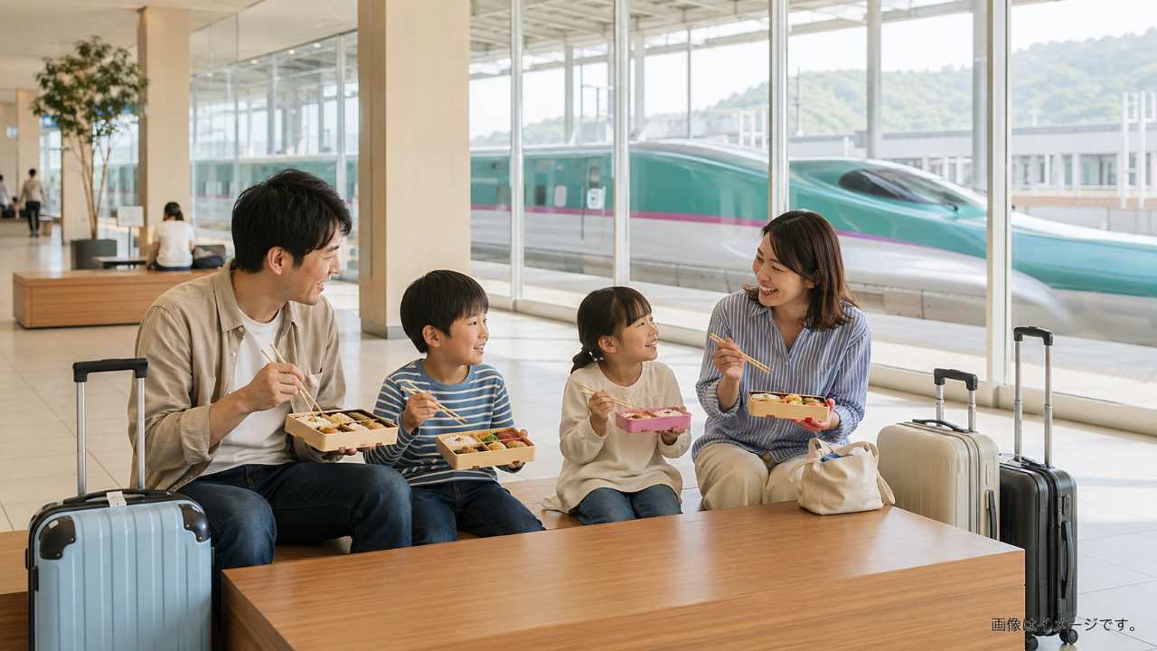 新幹線の待ち時間に駅弁を持って休憩する家族旅行のイメージ
