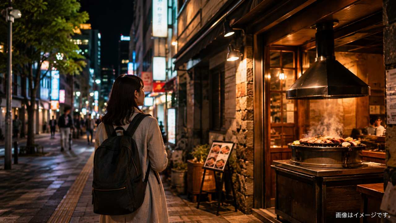 札幌すすきのの夜を背景に、炭火ジンギスカン店へ向かう旅行者