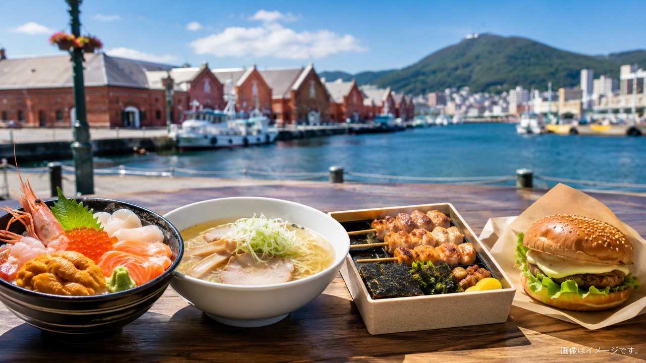 函館の港町らしい街並みを背景に、海鮮丼、塩ラーメン、やきとり弁当、ご当地バーガー