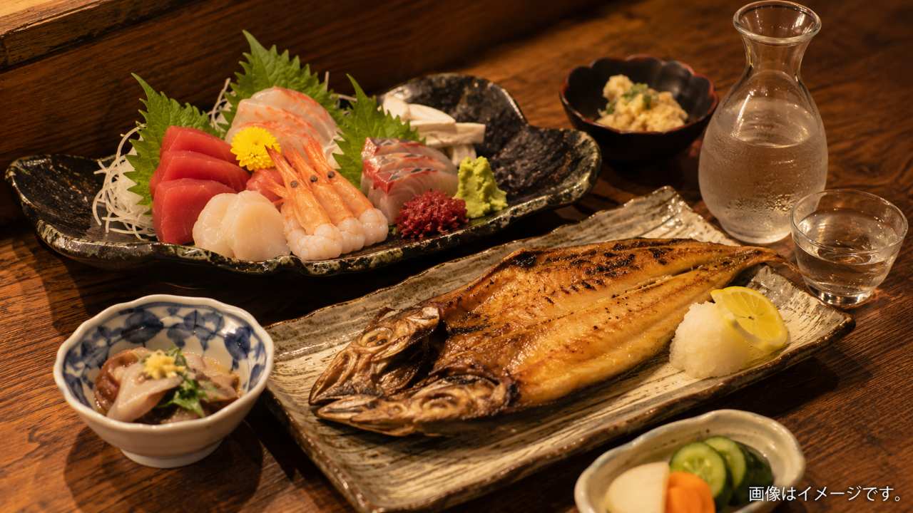 函館の海鮮居酒屋で提供される刺身盛りと焼き魚