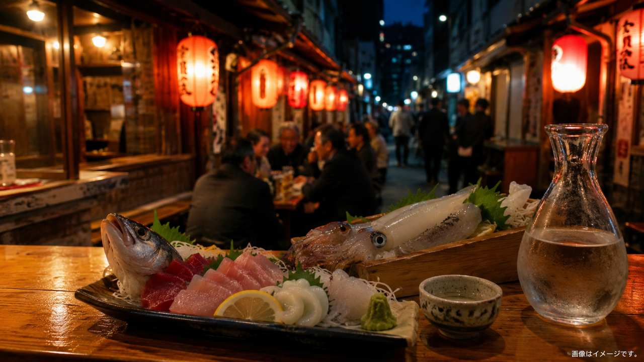 函館の夜の居酒屋街をイメージした実写風アイキャッチ。赤提灯が並ぶ横丁、木のカウンター、新鮮な刺身盛り、活イカ、日本酒