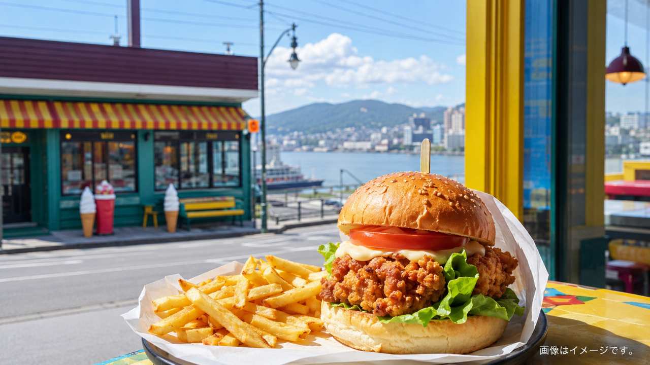 函館の街並みを背景に、ラッキーピエロ風のカラフルで楽しいハンバーガーショップ外観と、手前にボリュームのあるチキンバーガーとポテトを配置