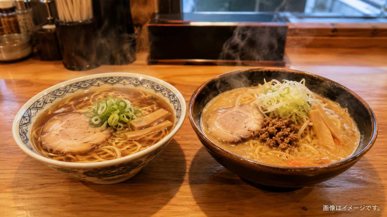 北海道のラーメン店で、湯気の立つ醤油ラーメンと味噌ラーメン