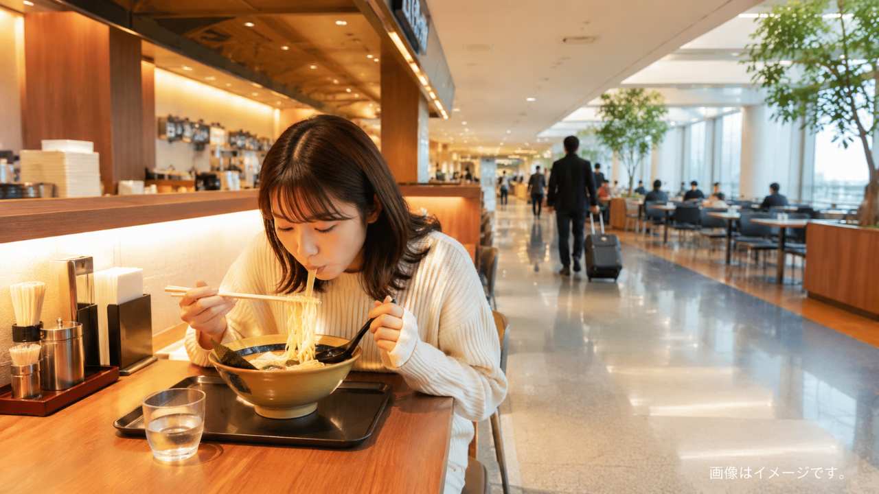空港内のラーメンエリアをイメージした清潔な飲食スペース、ラーメン