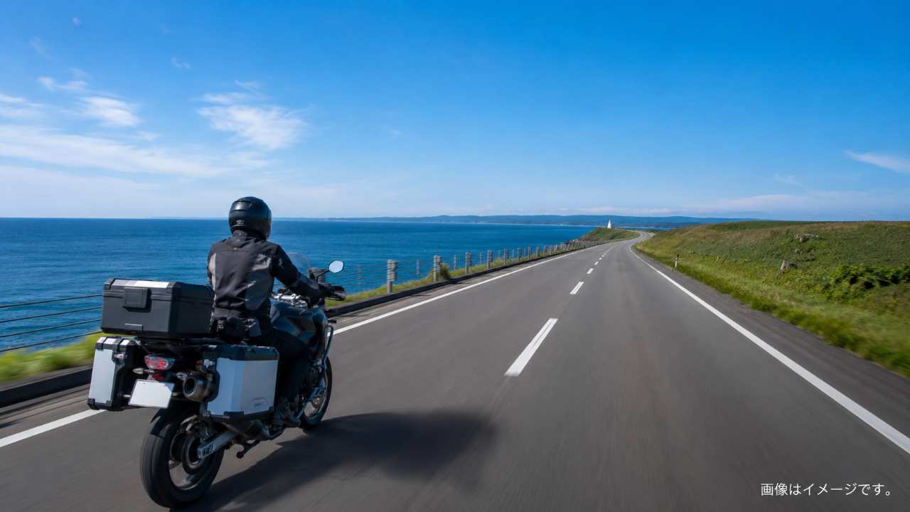 宗谷岬方面を目指すライダーが、海沿いの広い道路を走っている実写風画像