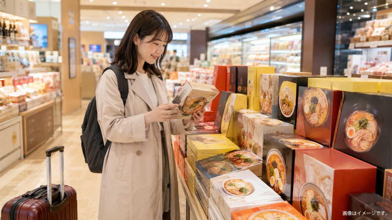旅行者が新千歳空港のお土産売り場でラーメン土産を選んでいるイメージ