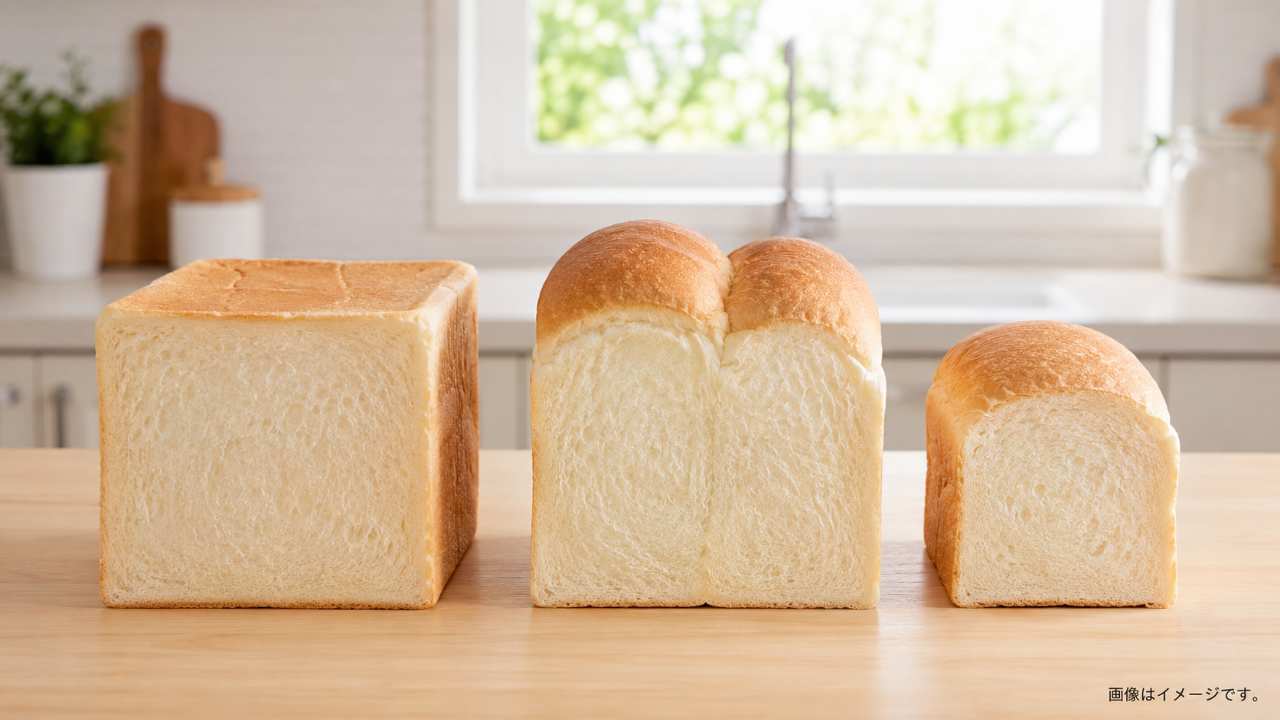 角食パン、山型食パン、ハーフサイズの食パンを並べて、パンの種類の違いがわかる比較
