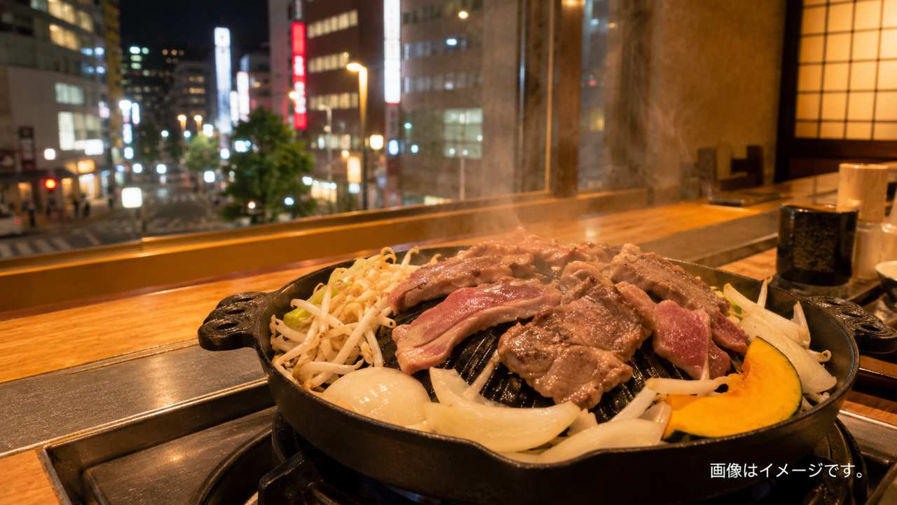 すすきのの夜景を背景に、カウンター席で一人分のジンギスカン鍋にラム肉と野菜が焼かれている写真風
