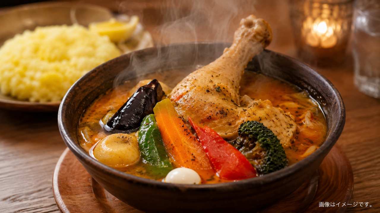 湯気の立つチキンレッグと彩り野菜のスープカレー