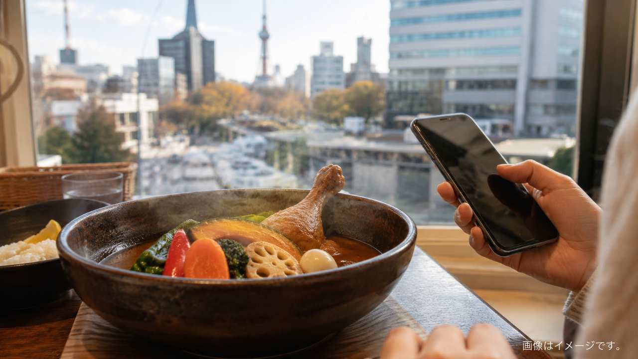 札幌の街並みを背景に、湯気の立つ具だくさんのスープカレー、スマホで整理券呼び出しを確認する手元