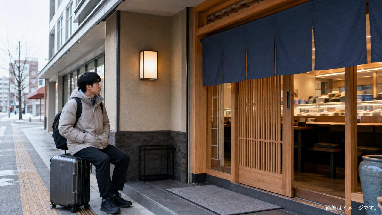 札幌の回転寿司店入口で、開店前に到着した旅行者が落ち着いて待っている