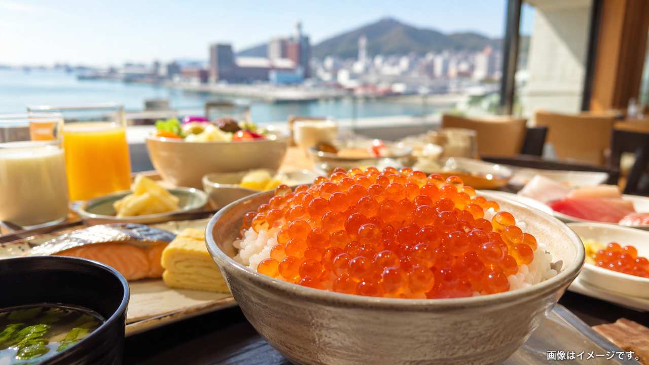 函館の港町を背景に、白いご飯の上へ宝石のようないくらをたっぷりのせた海鮮丼