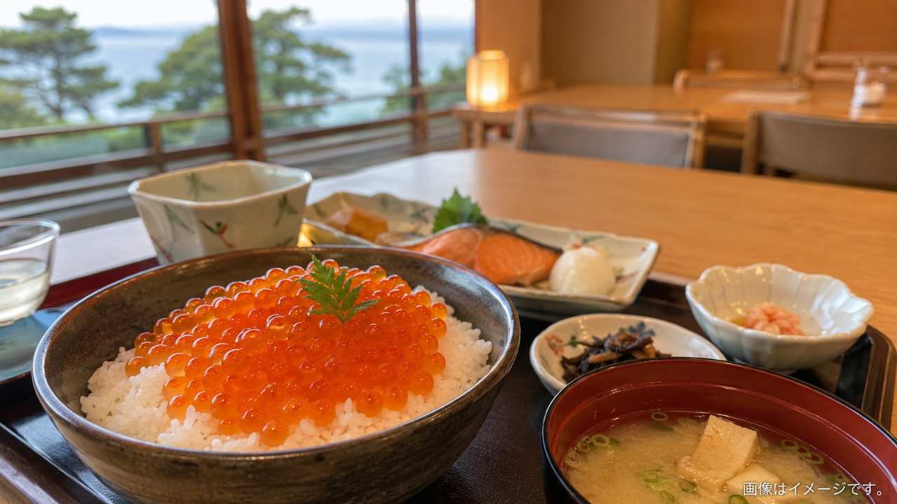 函館のホテル朝食ビュッフェで、いくら、甘えび、刺身を自由に盛り付ける海鮮丼コーナー