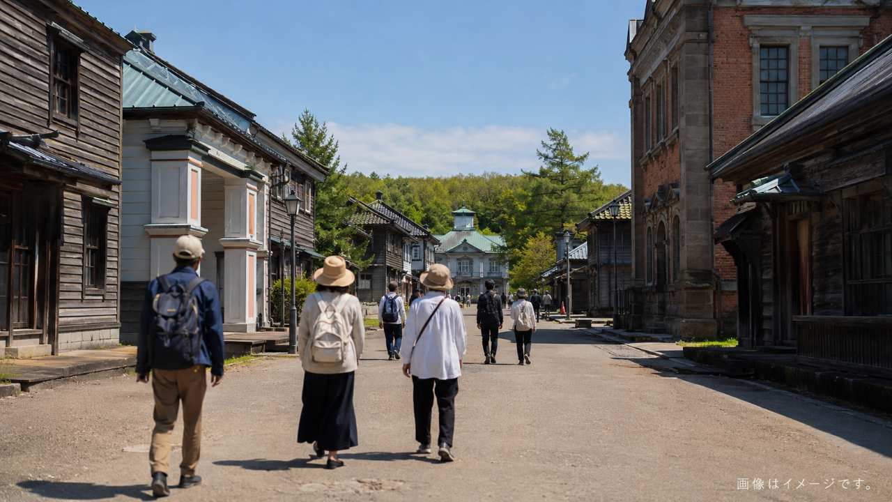 北海道開拓の村の市街地群を歩く観光客の後ろ姿
