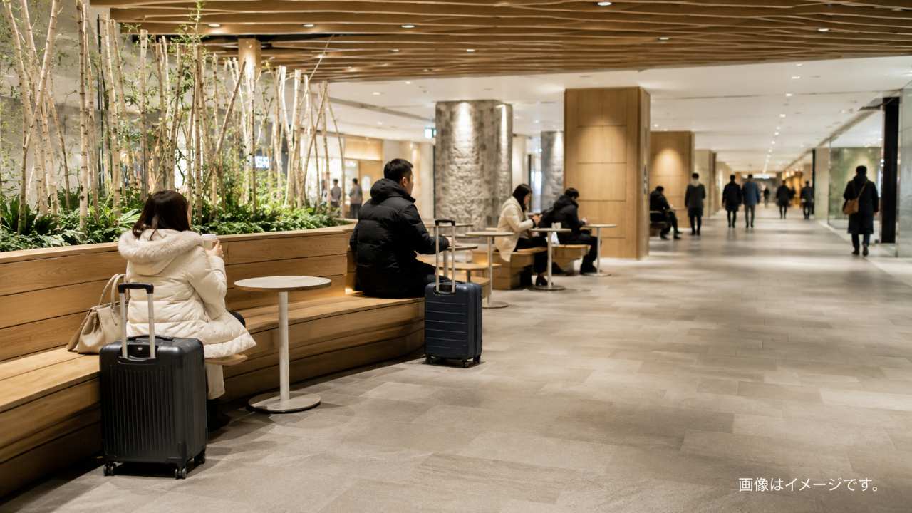 札幌駅から大通へ続く地下歩行空間をイメージした明るい屋内休憩スペース