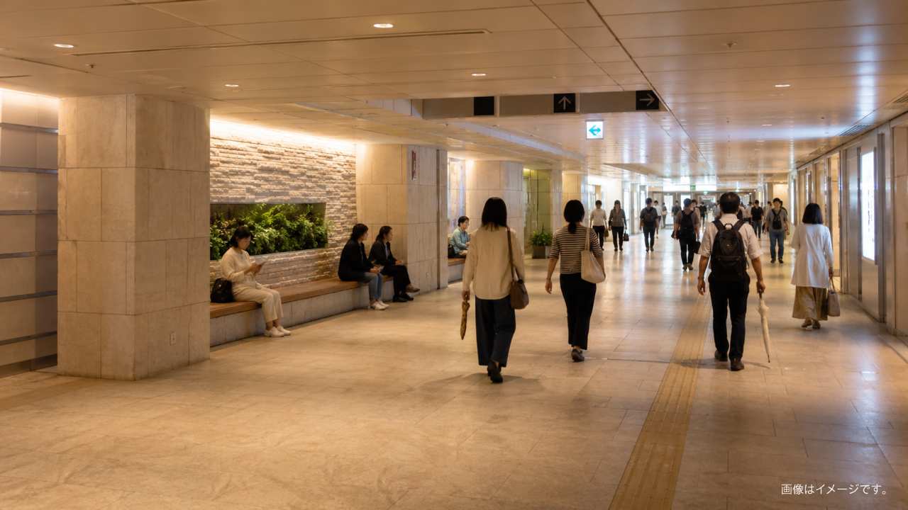 大通周辺の地下街で天候を避けながら休める休憩スペースをイメージ